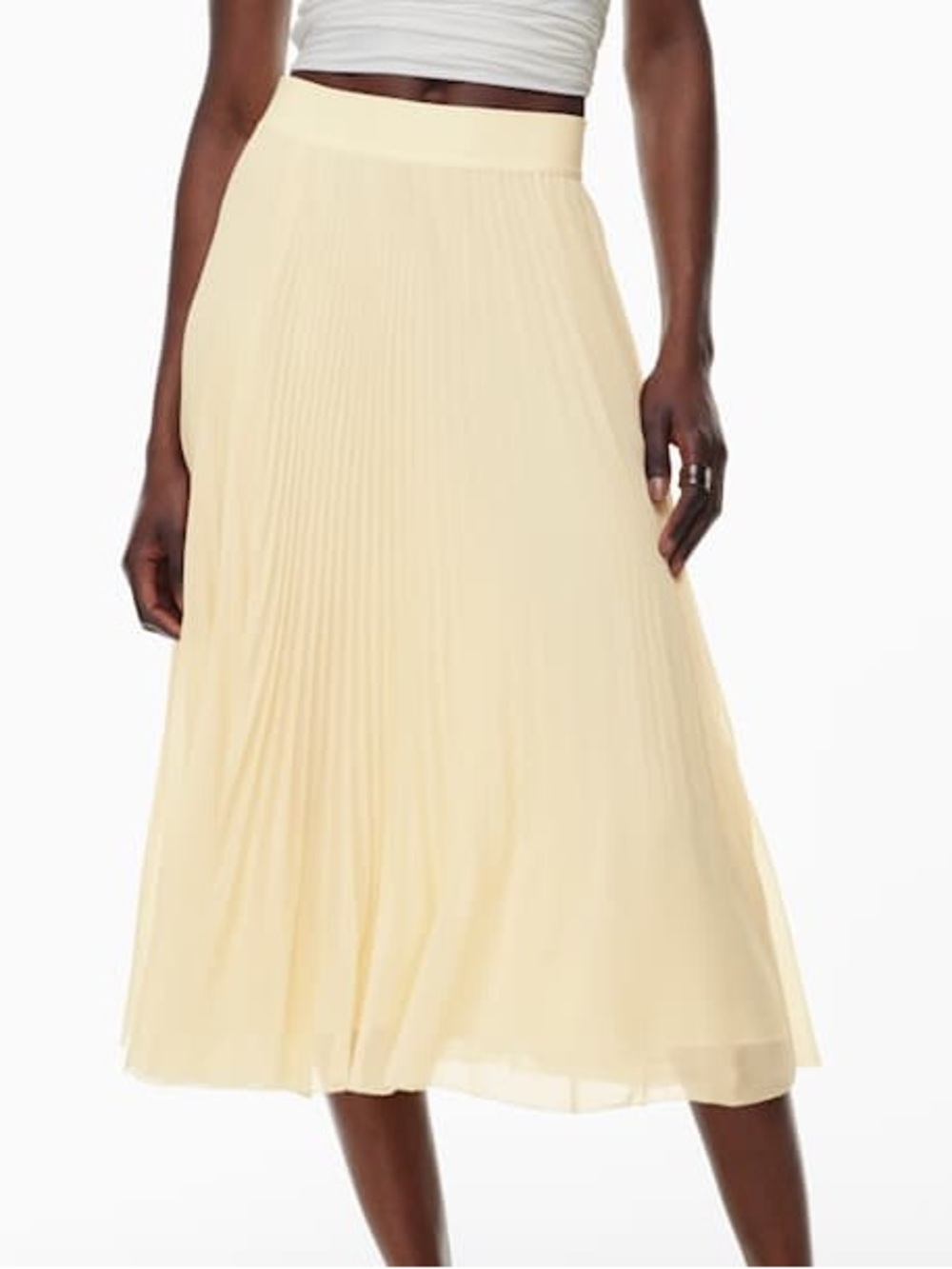 Aritzia Wilfred Twirl Pleated Skirt high-rise midi skirt Tapioca Yellow
